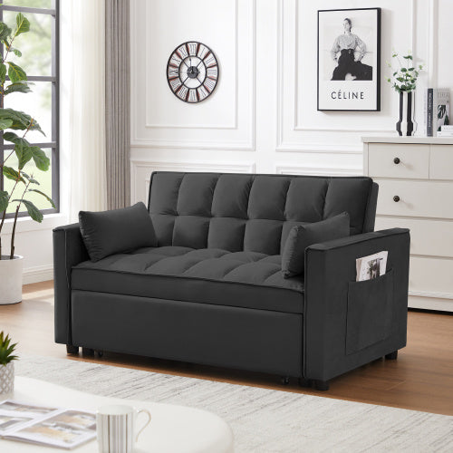 Modern Velvet Futon Sofa Bed with Reclining Backrest, Pillows, Pockets, Living Room Furniture, 3-in-1 Convertible, Black