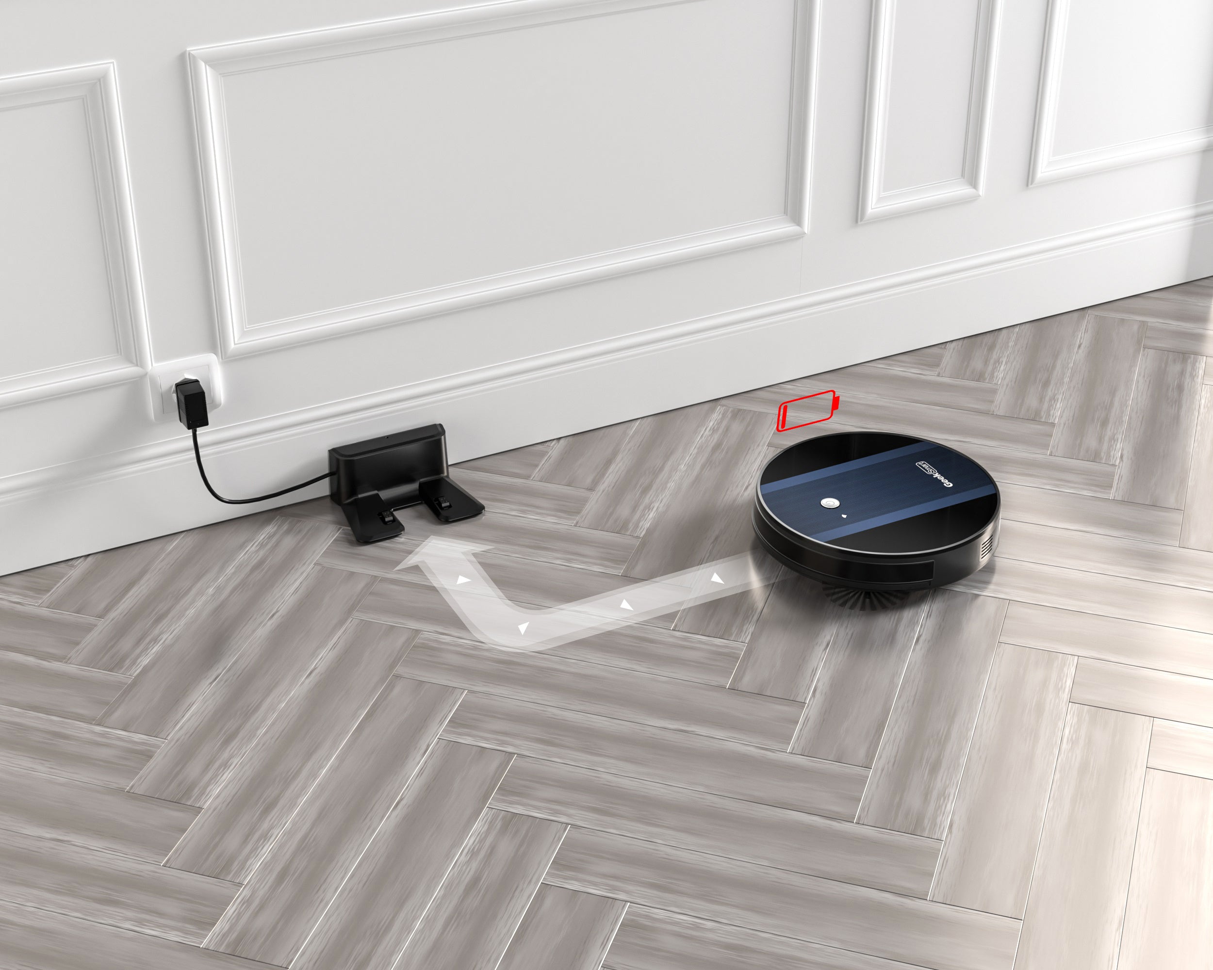 Geek Smart G6 Plus Robot Vacuum Cleaner, Ultra-Slim, 1800Pa Strong Suction, Auto-Charging, Wi-Fi Connectivity, App Control, Customized Cleaning, Great for Hard Floors and Carpets.