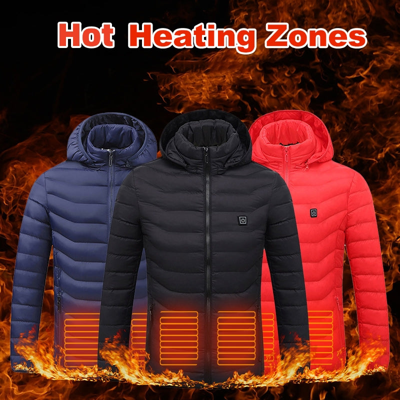 USB heated winter jacket, cotton zip-up jacket, men's thermal vest for warmth.