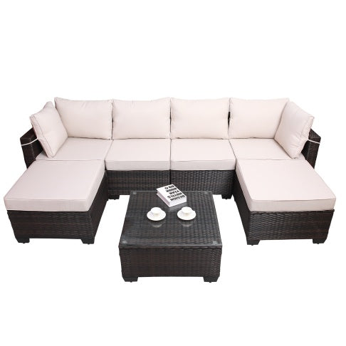 7 Pieces Outdoor Garden Furniture PE Wicker Cushioned Sofa Coffee Table Patio Furniture Set