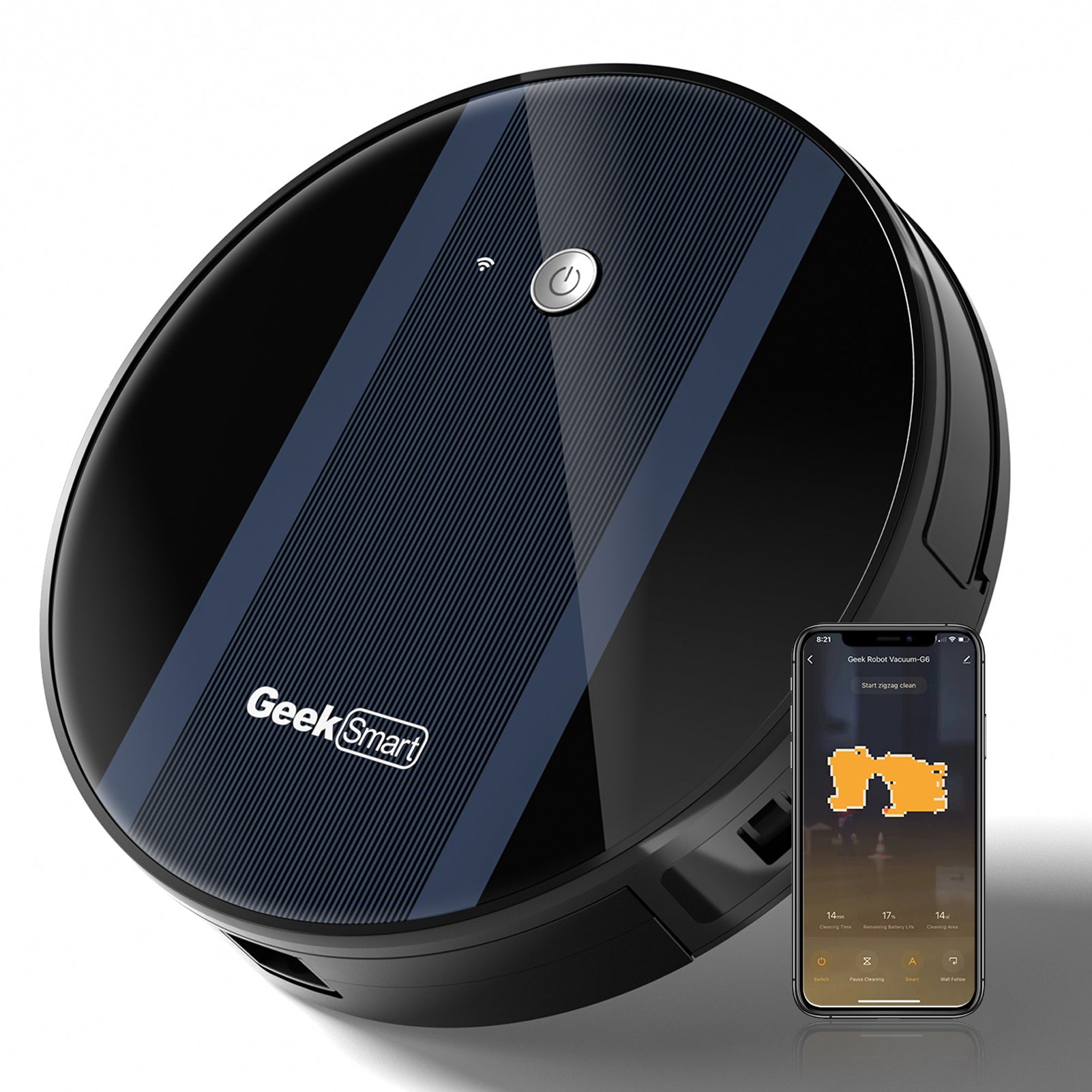 Geek Smart G6 Plus Robot Vacuum Cleaner, Ultra-Slim, 1800Pa Strong Suction, Auto-Charging, Wi-Fi Connectivity, App Control, Customized Cleaning, Great for Hard Floors and Carpets.