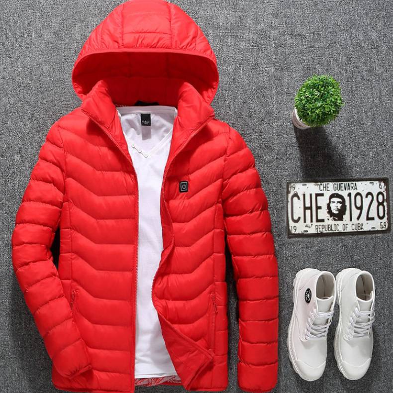 USB heated winter jacket, cotton zip-up jacket, men's thermal vest for warmth.
