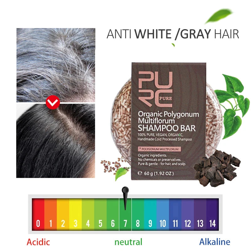 PURC Polygonum Shampoo for White Hair Darkening Hair Soap Bamboo Charcoal for Black Hair Shampoos Cleansing Scalp Treatment 60g