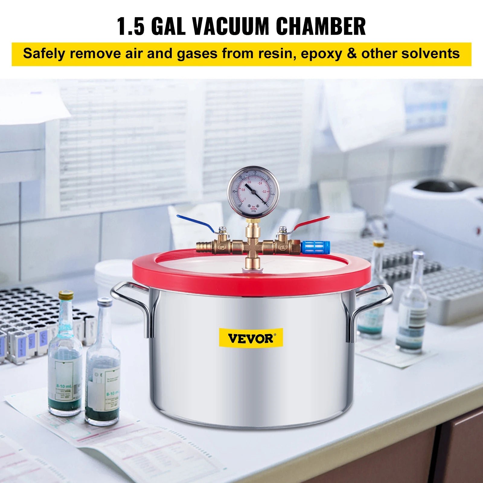 VEVOR Stainless Steel Vacuum Chamber 1.5-5 Gallon Vacuum Degassing Chamber Glass Lid Silicones for Gas Extraction and Protect Fo