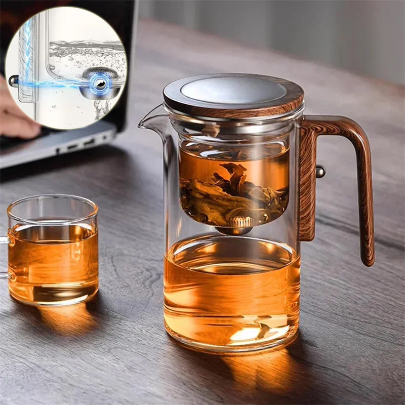 Teapot Filtering and Water Separation, One-Click Magnetic, Glass Teapot, Wooden Handle