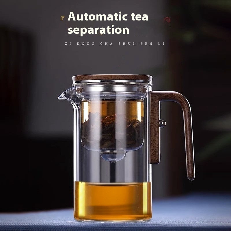 Teapot Filtering and Water Separation, One-Click Magnetic, Glass Teapot, Wooden Handle