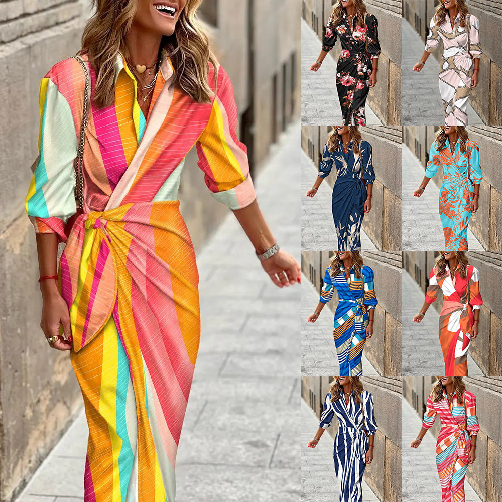 Fashionable printed dress with belt, slim fit, three-quarter sleeves, lapel