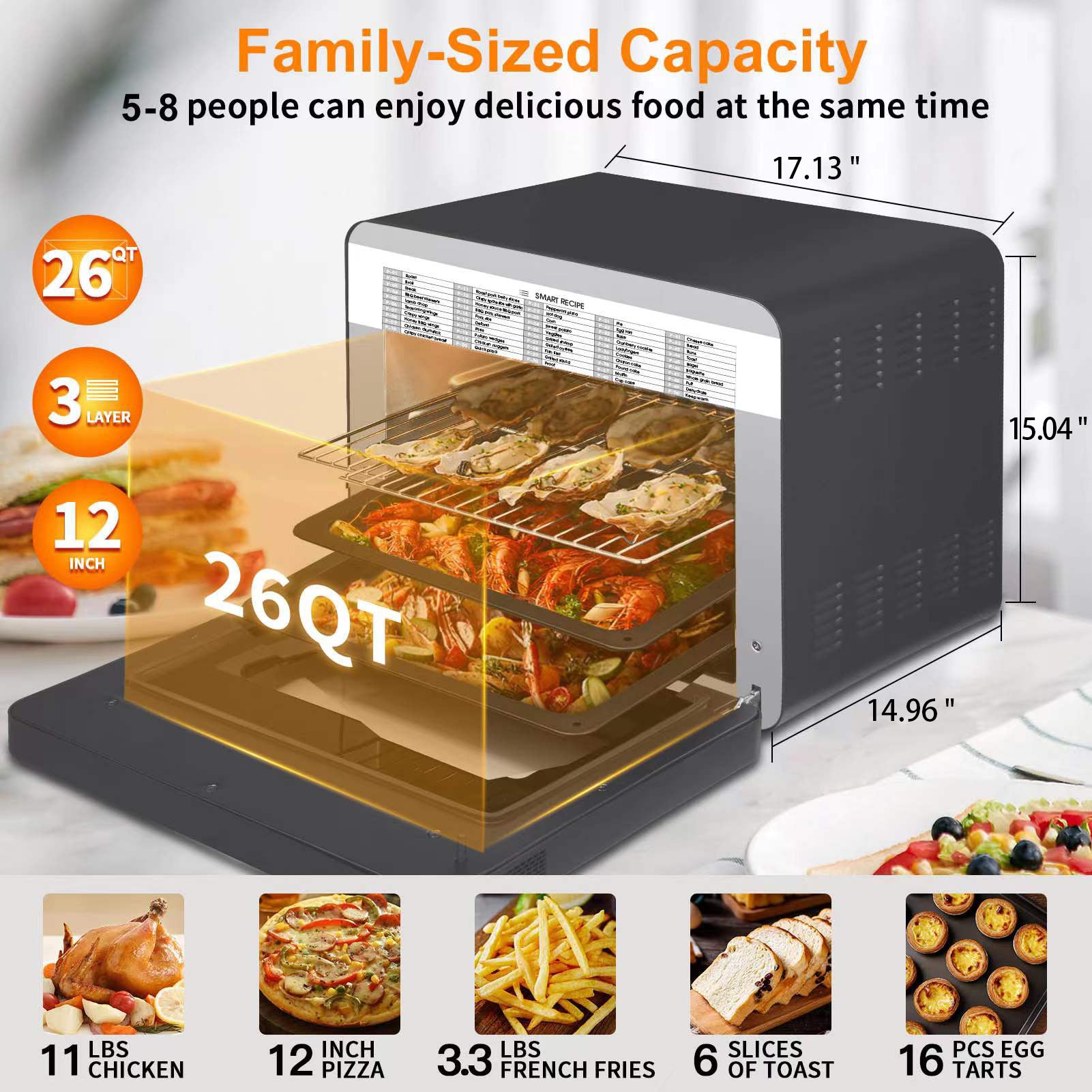 Geek Chef Steam Air Fryer Toaster Oven Combo, 26-Quart Countertop Steam Convection Oven, 50 Cooking Presets, with 6 Toast Slices, 12-Inch Pizza, Stainless Steel.