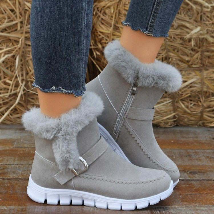 New Snow Boots Winter Warm Thickened Solid Color Plush Ankle Boots with Buckle Design Velvet Flat Shoes for Women