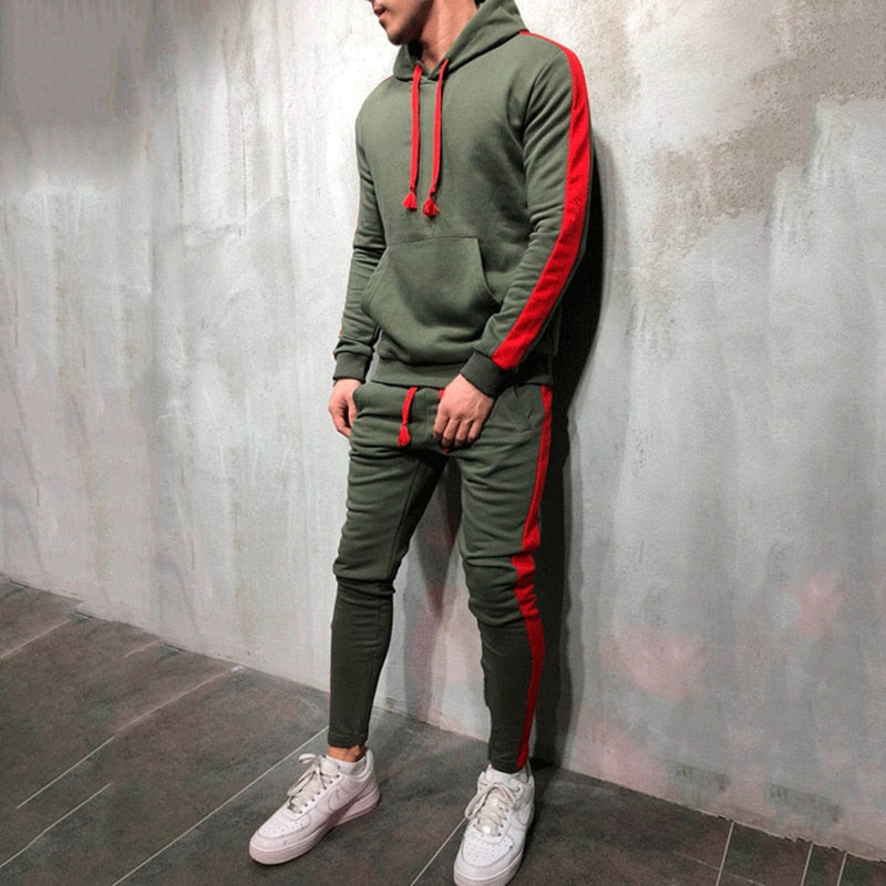 2 pieces sets men's outerwear autumn winter hoodie + drawstring pants men stripe patchwork hoodies bigsweety